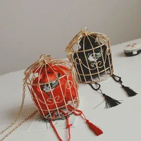 womens birdcage evening bag clutch metal frame embroidery bucket bird cage mini bag purse women gold tassel handbag