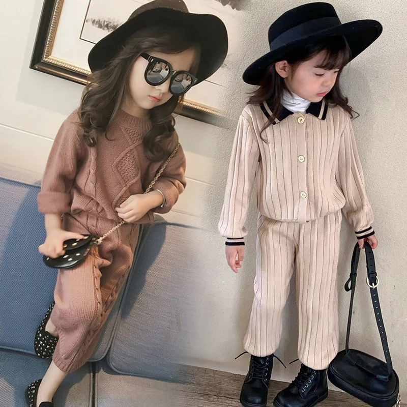 

girls outfit 2022 spring autumn casual Sweater pants suit children knitted suit winter girls clothing set baby girls clothes