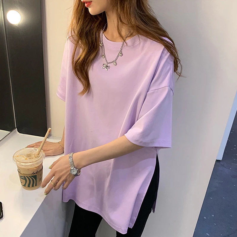 

fashion pure Cotton Side split T shirt summer short-sleeve women t-shirts large size solid loose long t-shirt white purple tops