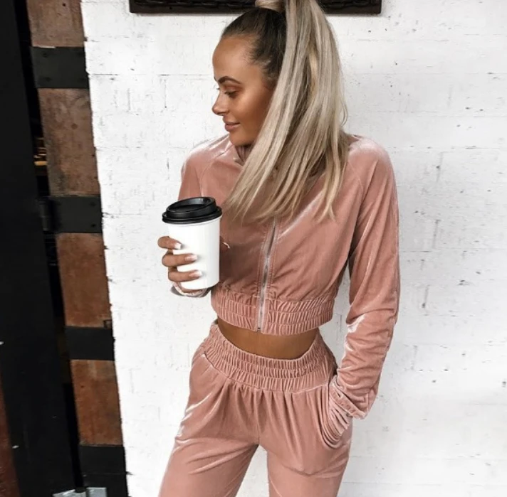 

Womens Suit Velvet Corduroy Sweatshirts 2 pieces sets female casual basic Outwear solid full sleeve Tracksuit ouc1660