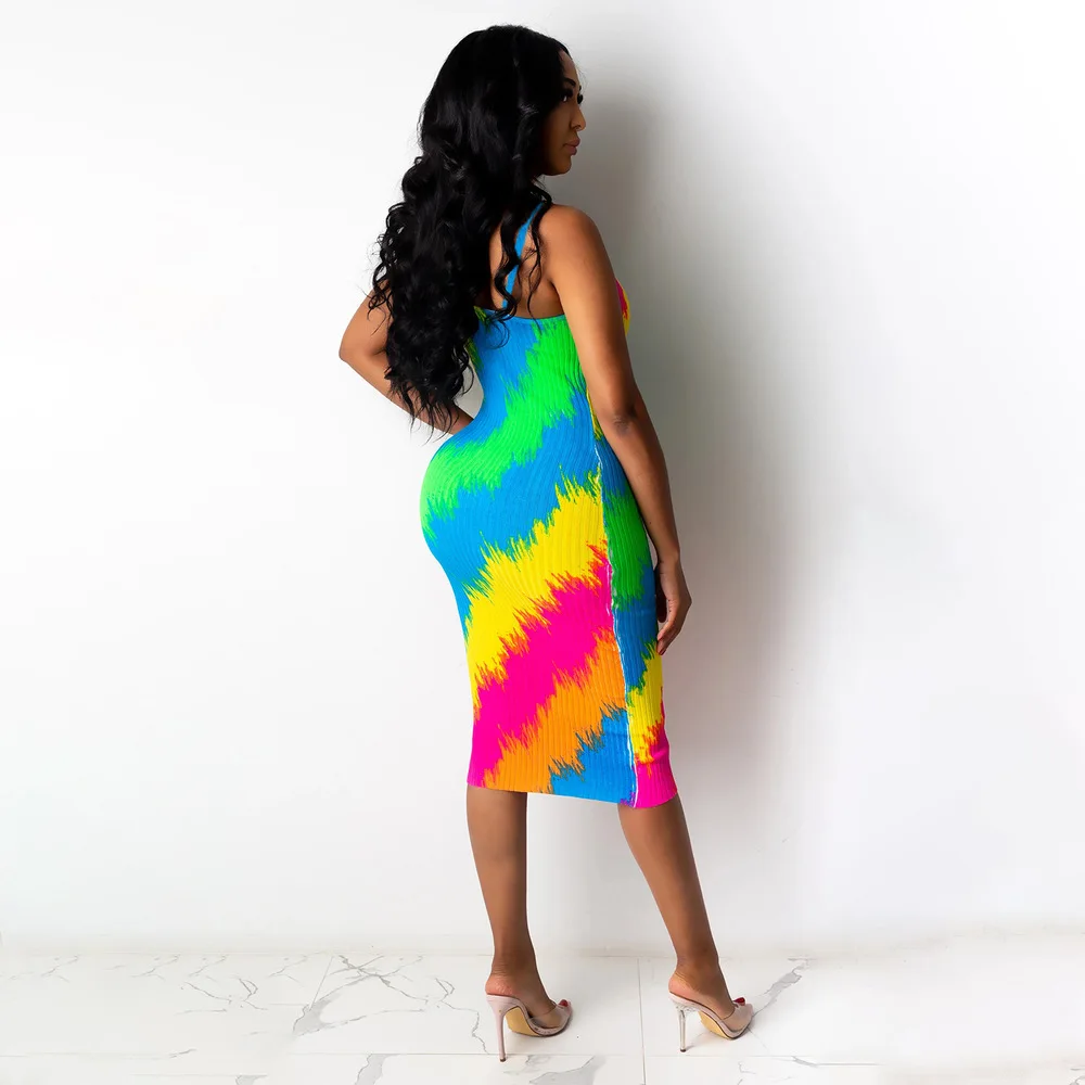 

Rainbow Striped Ribbed Knitted Skinny Dress Women Spaghetti Strap Backless Slim Dresses 2021 Autumn Low Neck Backless Robe Femme