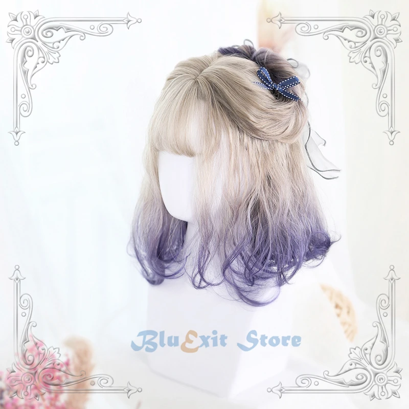 

Gradual Blonde Purple Lolita Headwear Harajuku Fairy Witch Cosplay Bangs Curly Short Sweet Fringe Adult headwear for Adult Girls