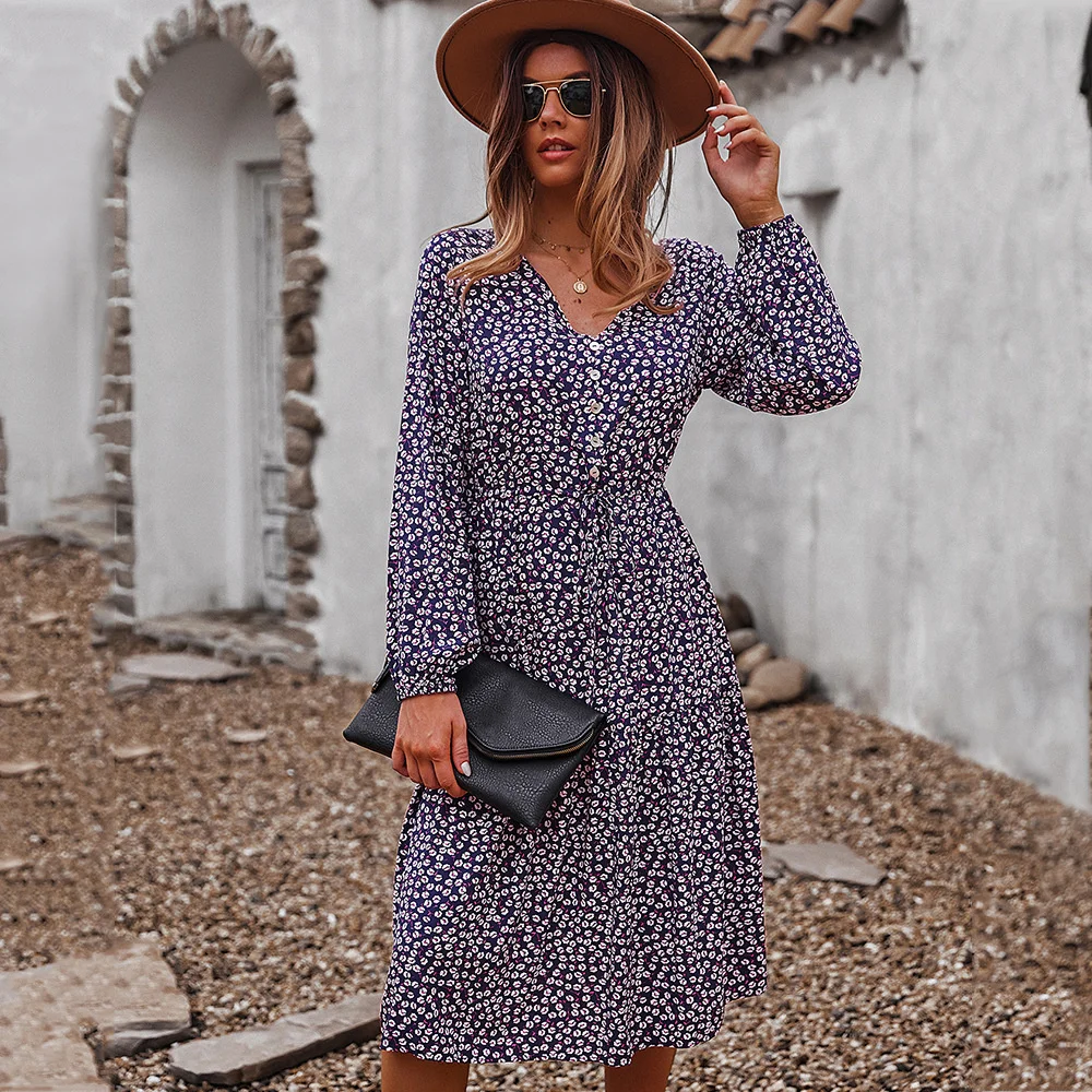 

2021 New Autumn Winter Women Elegant Floral Print Long Chic Dress Ladies Casual Holiday Style Lace Up Full Sleeve Dress