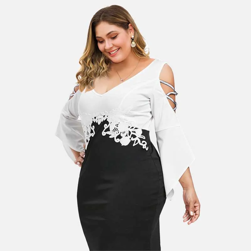 Wipalo Plus Size 5XL Criss Cross Flare Sleeve Fitted Dress Cold Shoulder V Neck Knee Length Bodycon Lace Appliqued Vestido | Женская