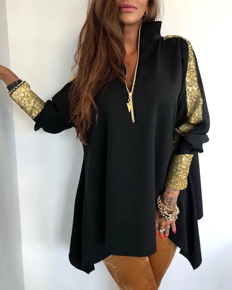 Женская Лоскутная Блузка с длинными рукавами и блестками осенне зимний