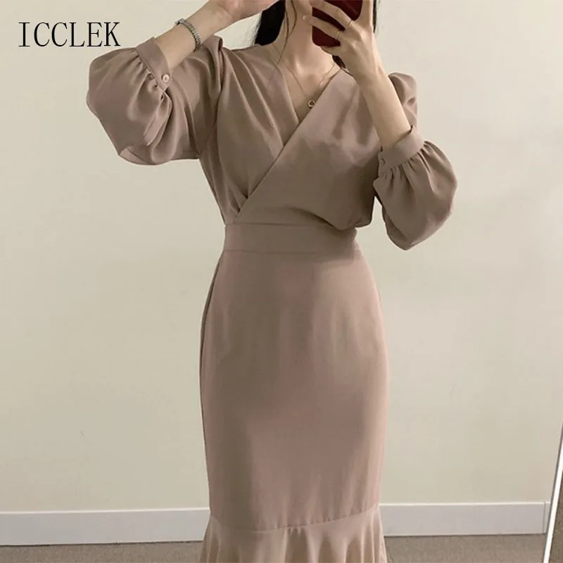 

Elegant Sweet Chiffon Panel Mermaid Dress 2021spring Autumn New Korean One-Piece Fashion Office Ladies Dresses Solid Color Dress