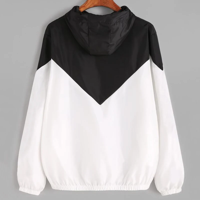 

Women's Basic Hooded Jacket Patchwork Long Sleeve Clothing Black Gray Autumn Coat Female Casual Windbreaker