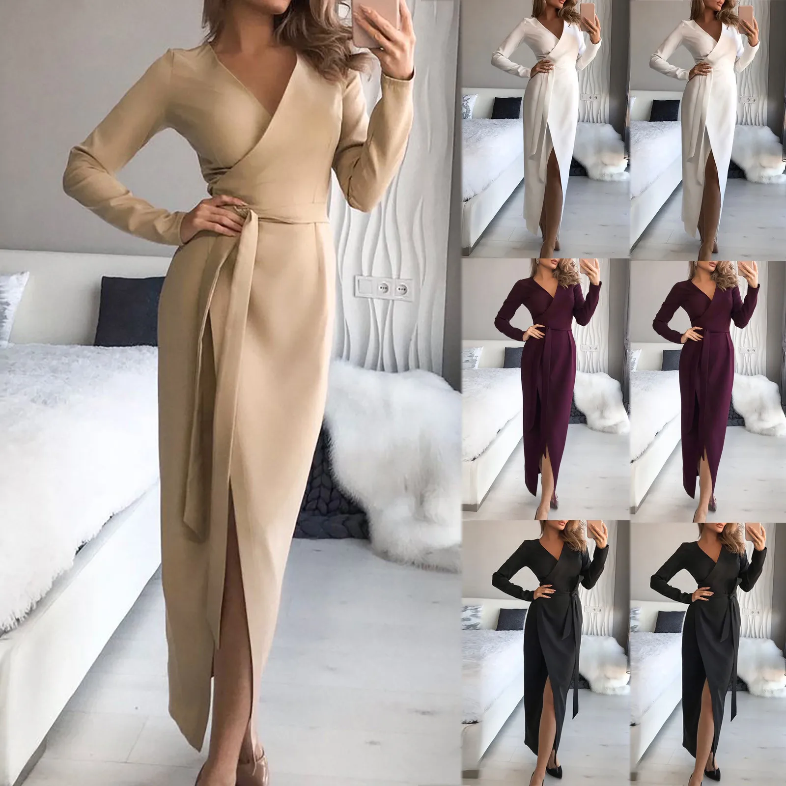 

Elegant Solid Color Office Lady Dress Autumn Lace Up Belted V Neck Dress Women Spring Long Sleeve Women Party Dress 2021