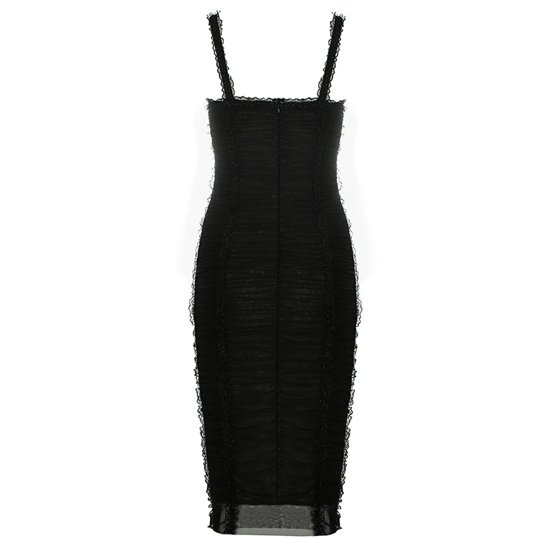 

Beateen Sexy Straps Mesh Ruched Sheath Bandage Midi Dress 2019 New Fashion Sleeveless Women Party Club Vestidos Black