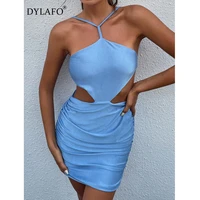 sexy backless halter sexy cut out women mini dresses bodycon club fashion sleeveless light blue dress holiday clothes
