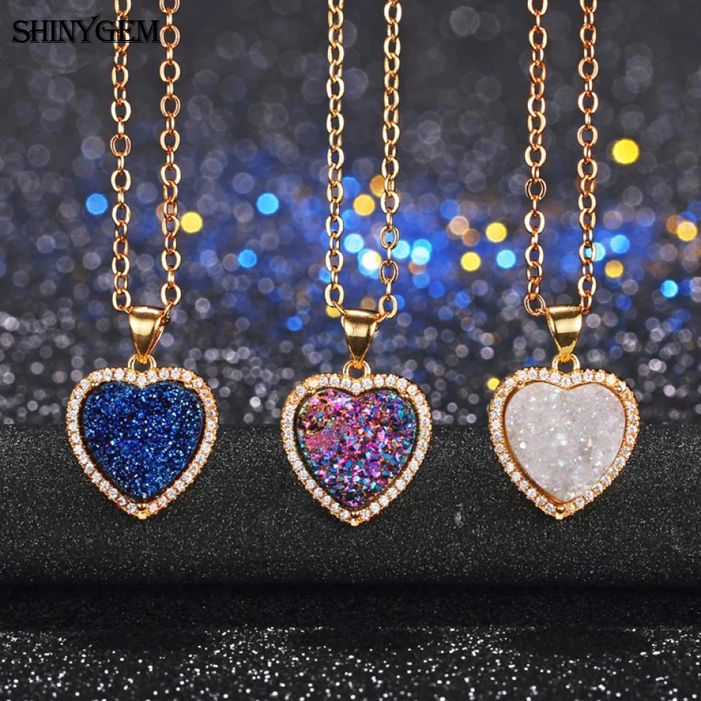 ShinyGem Мода 12*12 мм Любовь Сердце натуральный сверкающий кристалл Druzy Кулон ожерелье