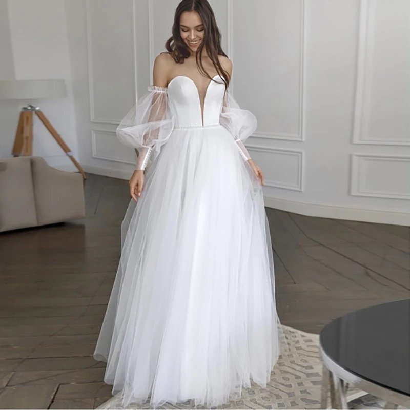 

2022 Bohemian Summer Beach Wedding Dresses Off the Shoulder A Line Long Bridal Gowns Beaded Belt Boho Robes De Mariée