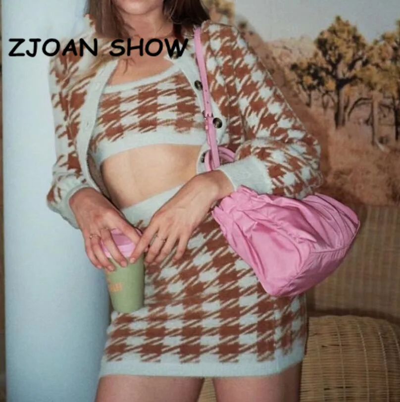 Вязаный клетчатый кардиган в стиле ретро однобортный Топ на пуговицах клетку