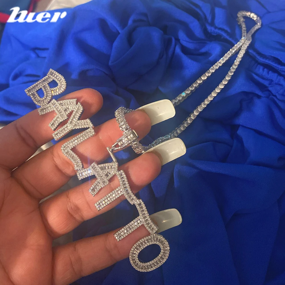 

LUER Custom Name AAAA Zirconia Men's Hip Hop Necklace Cubic Zircon Baguette Letters Pendant Chain Gold Silver Rock Jewelry