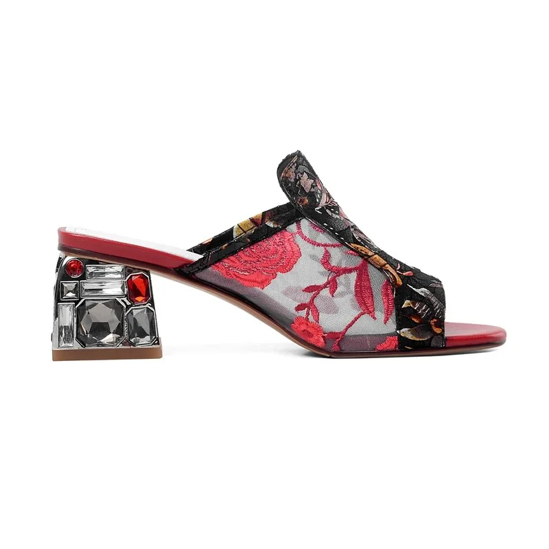 

Chinese Traditional Fashion Embroidered Women Slippers Sandals Shoes Print Leather Peep Toe Rhinestone Heels Slides Big Size 42