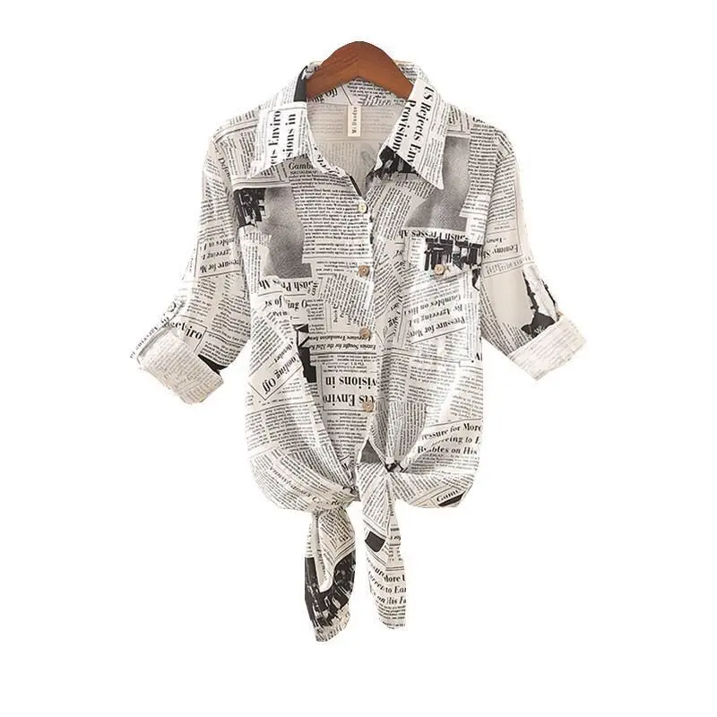 

Women Summer Harajuku Irregular Newspaper Letter Print Cotton Linen Knotted TopTie Sunscreen Shirt Blusa Cardigan Outwear
