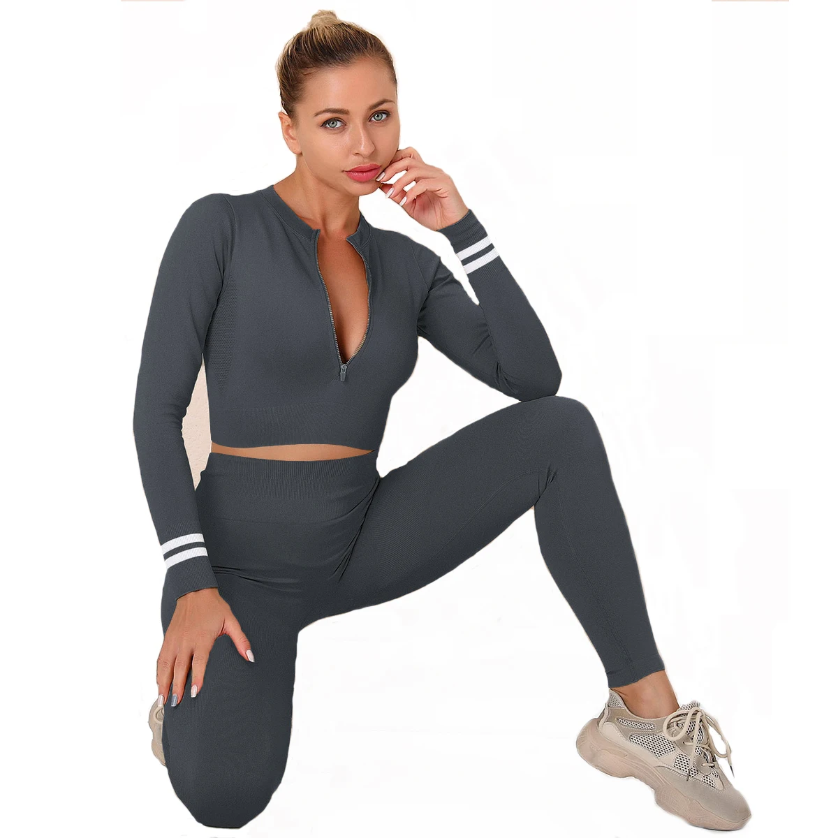 

Women's Fitness Yoga Set Seamless Sportswear Female High Waist Leggings Elasticity Long Sleeve Shirts Crop Top Sports Yoga Suit
