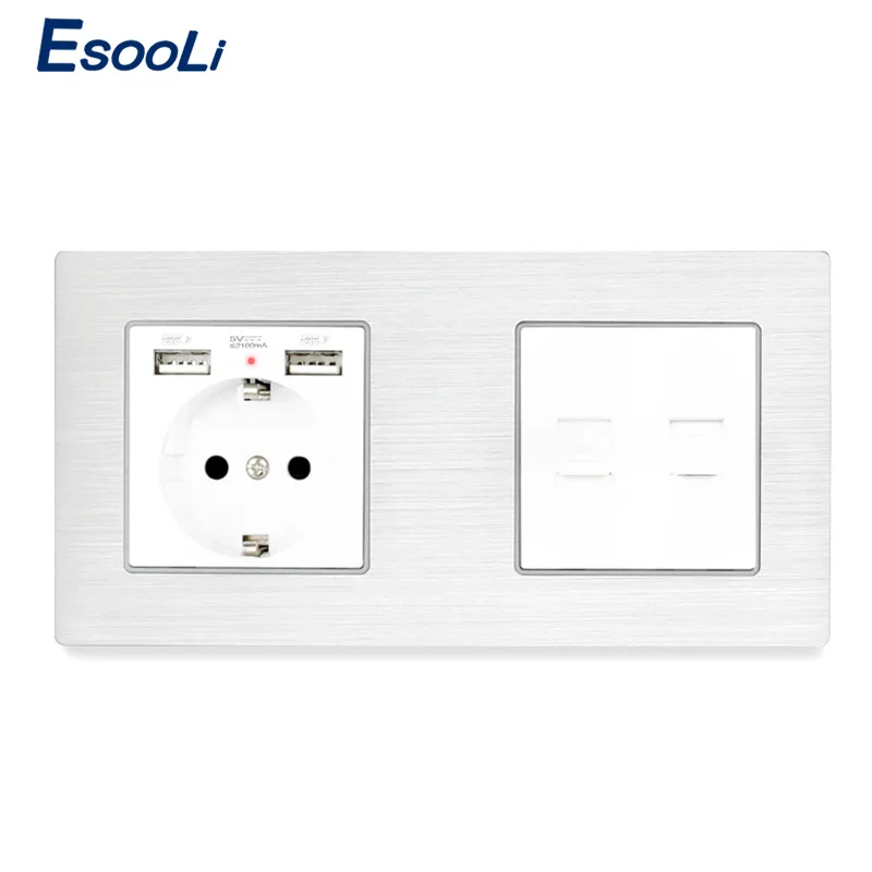 Esooli алюминиевая панель ЕС розетка с 2 USB + RJ11 телефонный разъем RJ45 данных