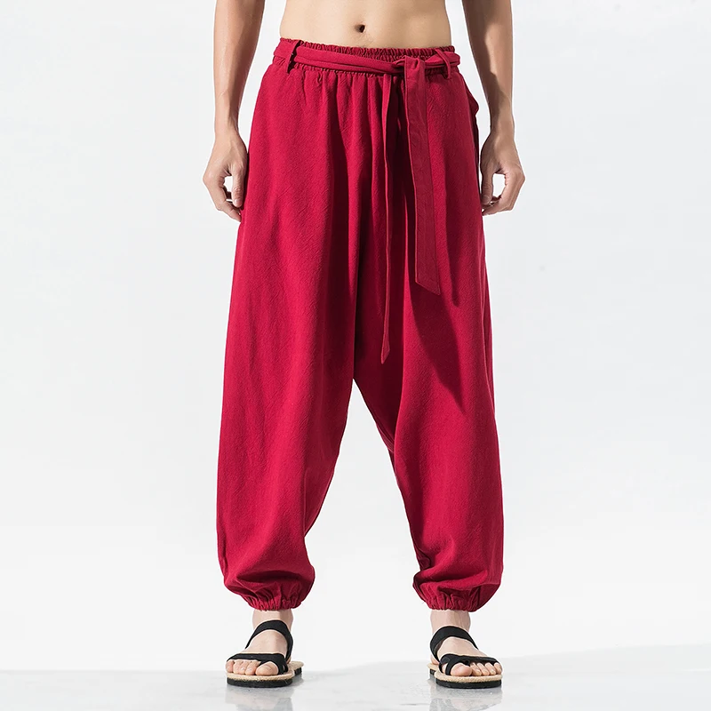 

Брюки мужские с широкими штанинами, хлопково-льняные штаны в китайском стиле, шаровары в красном цвете, на лето