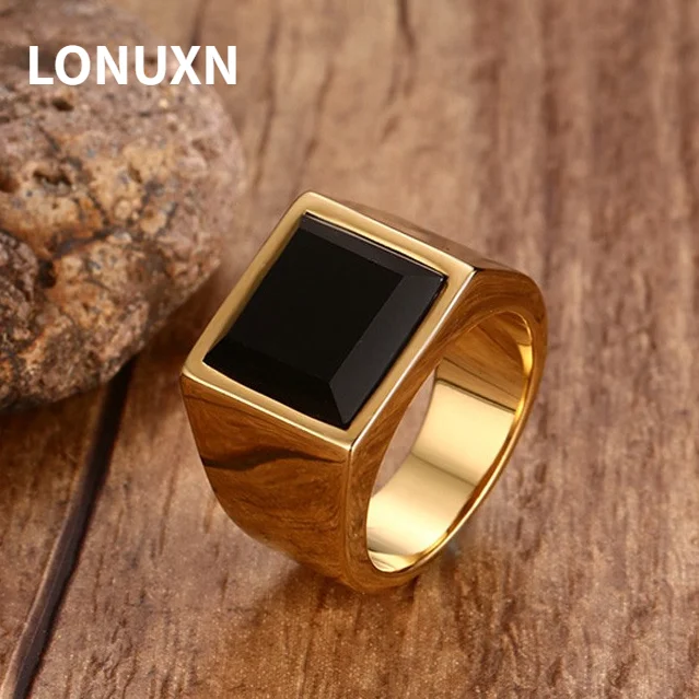 

Натуральный обсидиан, черный агат, 14 мм, большой черный квадратный камень для мужчин, золотистый тон, нержавеющая сталь, панк, мужские госуда...