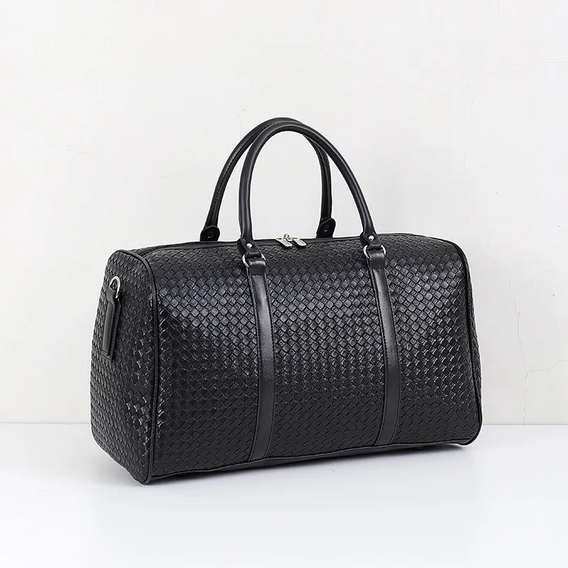 

New Woven Travel Bag Large Capacity PU Leather Handbags Black Men's and Women's Duffel Bags Short Trip Luggage Tote