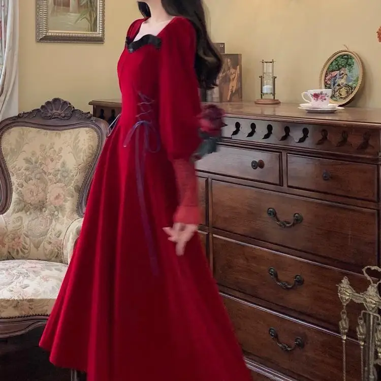 

2021 fall/winter oversized French style red dress ladies Hong Kong style dress dress fugitive princess платье женское dress