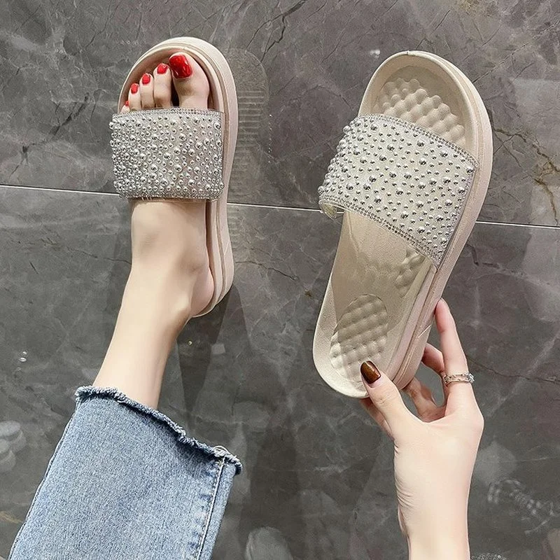 

2021 Summer Women's Slippers Casual Fashion Rhinestones Embellish The Trend Thick-soled Open-toed Women's Slippers