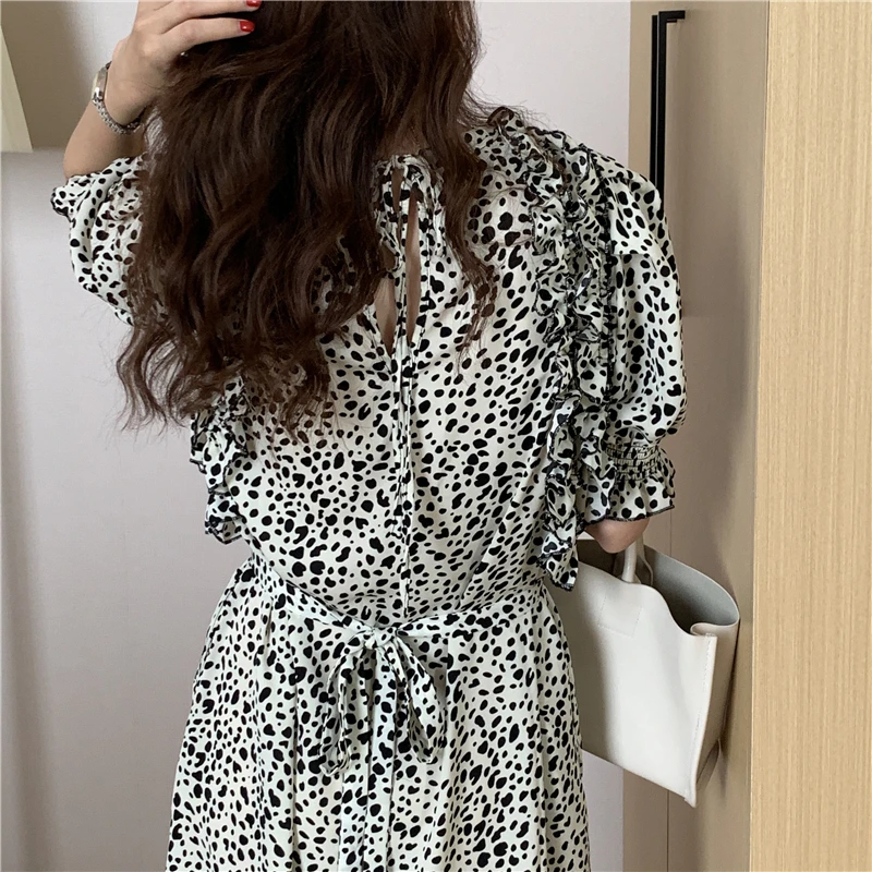 

Kimotimo Design Polka Dot Dress Women Korean Chic Summer Vintage O-neck Fungus Back Hollow Out Belt Waist Lantern Sleeve Dresses