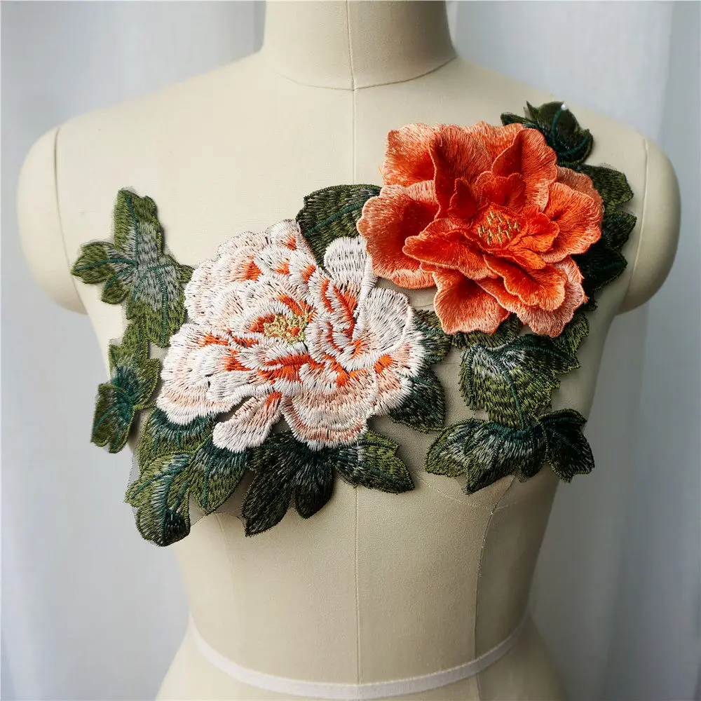 Оранжевый 3D Пион цветок лист кружева ткань многослойный воротник вышитое платье