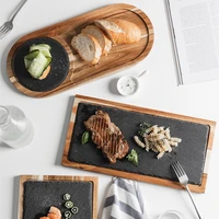 solid wood snack plate wooden tray black slate plate acacia wrapped plate western food japanese dishes