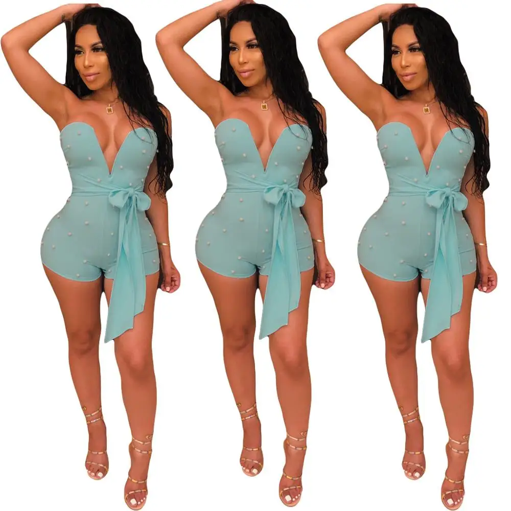 

New women summer strapless v-neck halter high-waisted pearl jumpsuit sexy party club jumpsuit