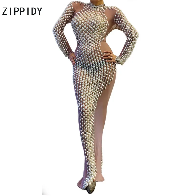 

White Pearls Rhinestones Transparent Dress Women Dance Dress Bar Prom Birthday Celebrate Mesh Outfit Long Dresses