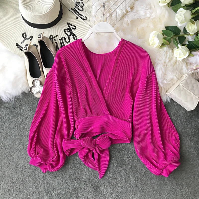 Rose Red SRDP шифоновая плиссированная короткая блузка рубашка Женский Галстук бант летняя блузка женственный фонарь рукав Сексуальная блуза кардиган Blusas - Цвет: Rose Red