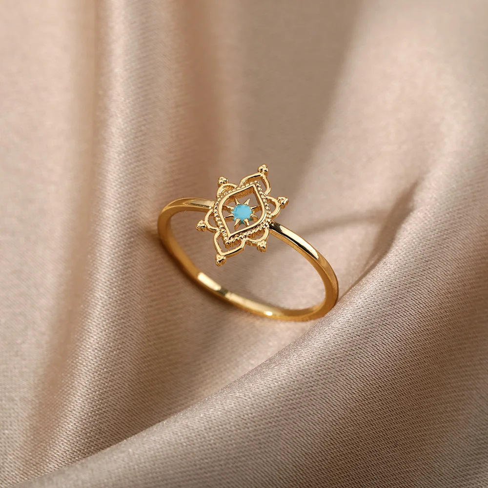 

Sweet Blue Flower Zircon Hollow Style Geometric Opening Rings For Women Jewelry Wedding Girl's Luxury Accessories Bijoux Femme