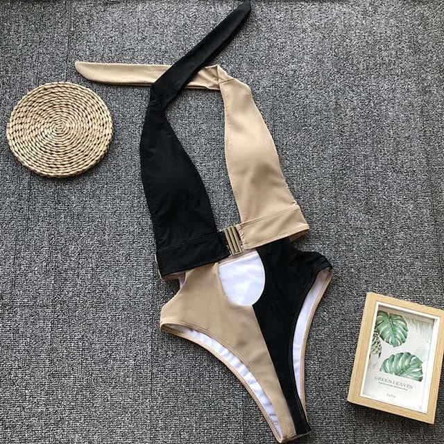 B827Khaki Сексуальный леопардовый сдельный купальник с высокой горловиной, женский купальник, бандо, монокини, стринги, трикини, с пряжкой, купальник, женский боди - Цвет: B827Khaki