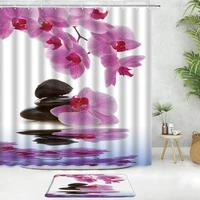 flower purple orchid shower curtain set bath mat phalaenopsis black stone zen spa plant landscape decor bathroom non slip carpet