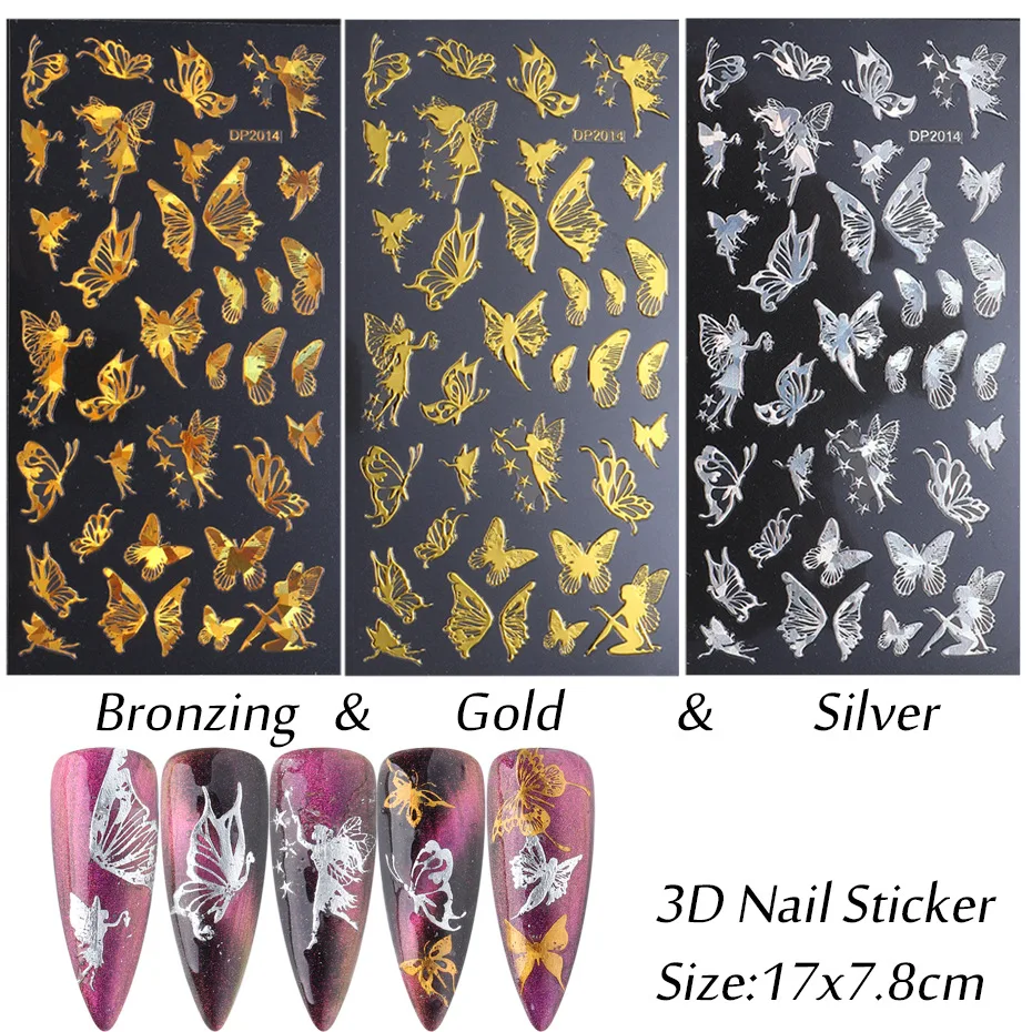 

1pc Holographic 3D Butterfly Nail Art Stickers Adhesive Gold/Silver Color DIY Nail Transfer Decals Foils Wraps Decorations