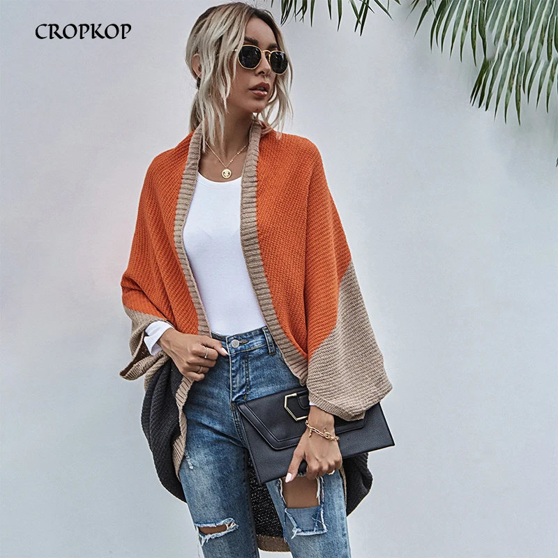 мода женский длинный кардиган с цветными блоками осень зима теплый вязаный