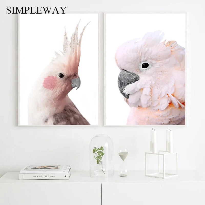 Холщовый постер с изображением розового попугая и птиц Настенная картина