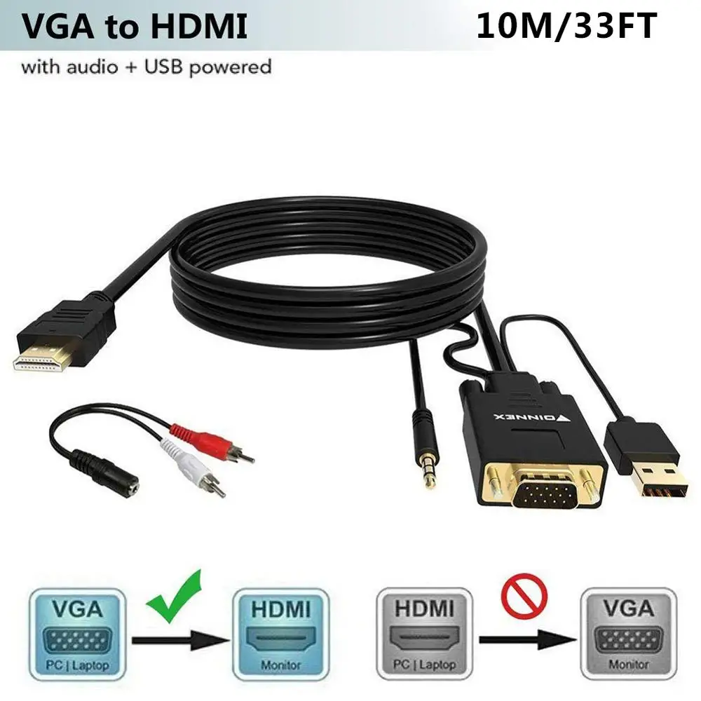 FOINNEX 10 м 33 фута VGA в HDMI адаптер/кабель преобразователя с аудио, 1080P, конвертировать источник VGA (ПК) в HDMI разъем монитора, телевизора