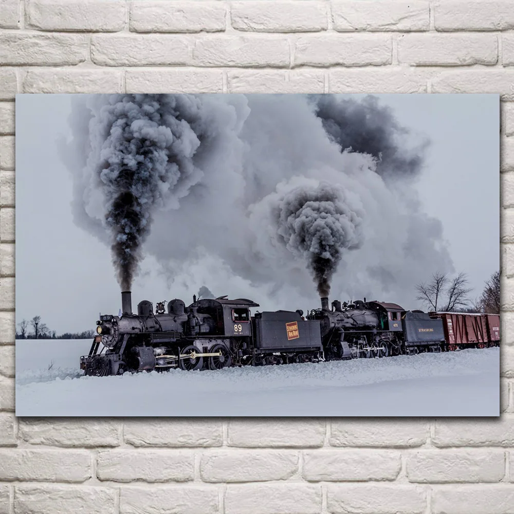 

Retro steam locomotive vintage Doubleheading train fabric posters on the wall picture home art living room decoration KQ395