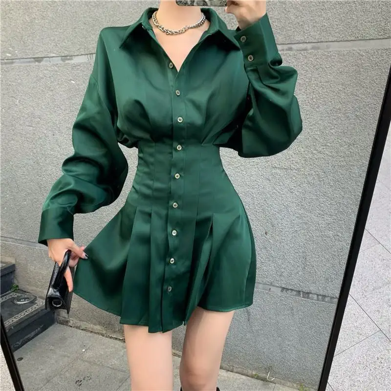 

Elegant Shirt Dress Women Long Sleeve Autumn New Korean Fashion Turn-Down Collar Solid Office Lady Temperament Vestidos