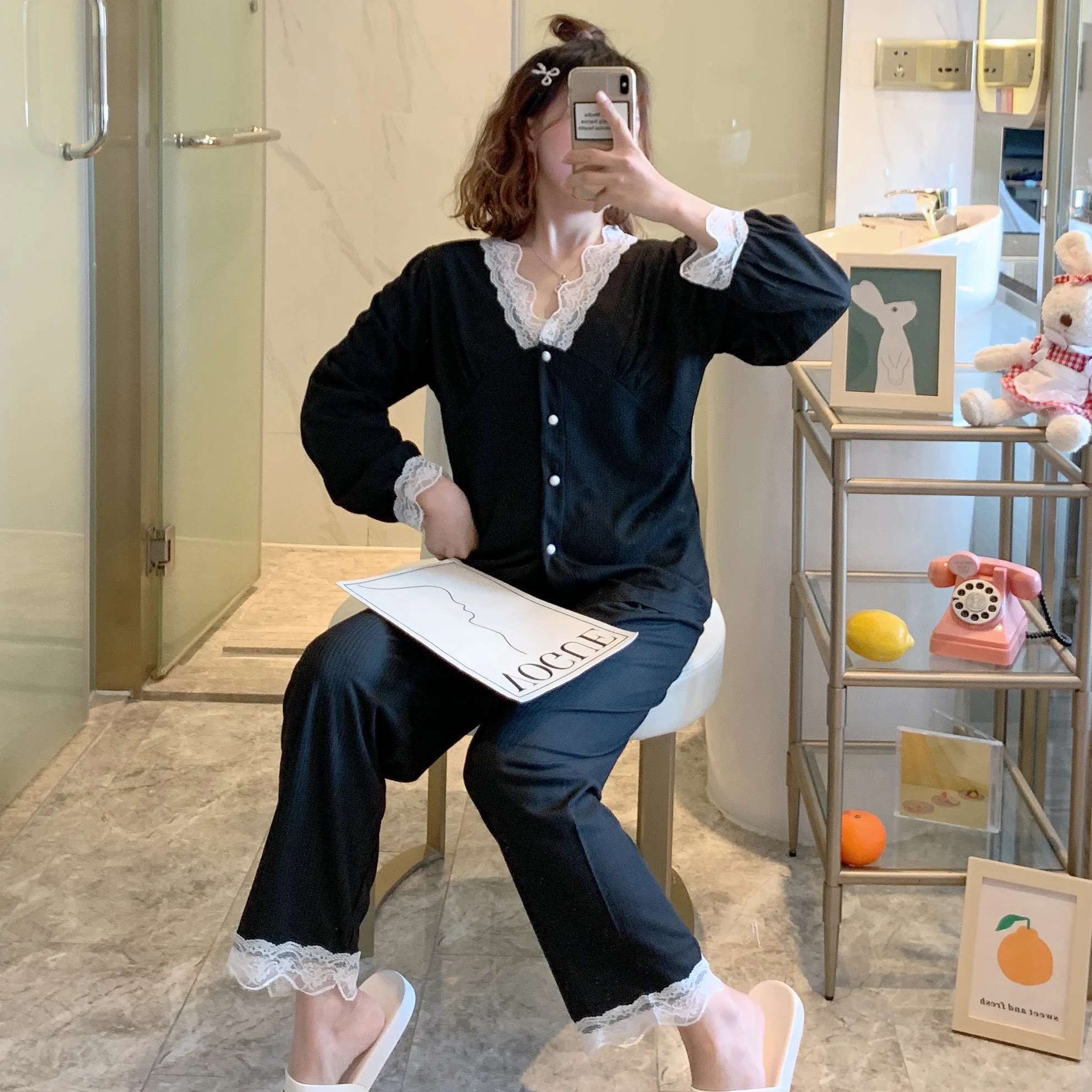 

Princess Style Pajama Set Sexy Lace Pajamas Spring And Autumn Cotton Sleepwear For Women Long-sleeved Cardigan Suit Home Clothes
