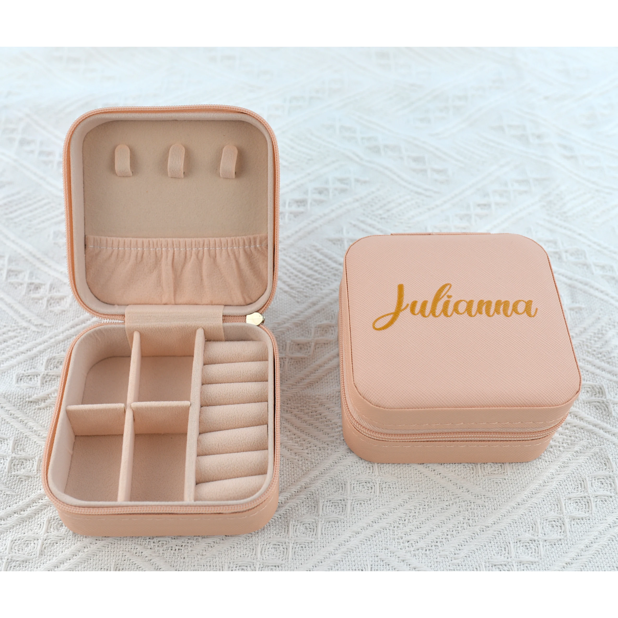

Custom Personalized Portable Travel Wedding Ring Jewelry Storage Box Organizer with Name Earrings Holder Case Display Stand Gift