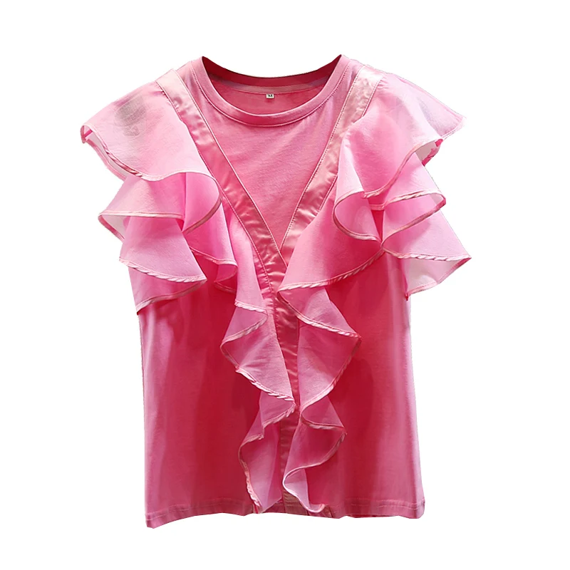 

Ruffles Panel Round Neck Sleeveless T-shirt for Women 2020 New Loose All-match Pink Tshirt Girls Ladies Tshirts Tees