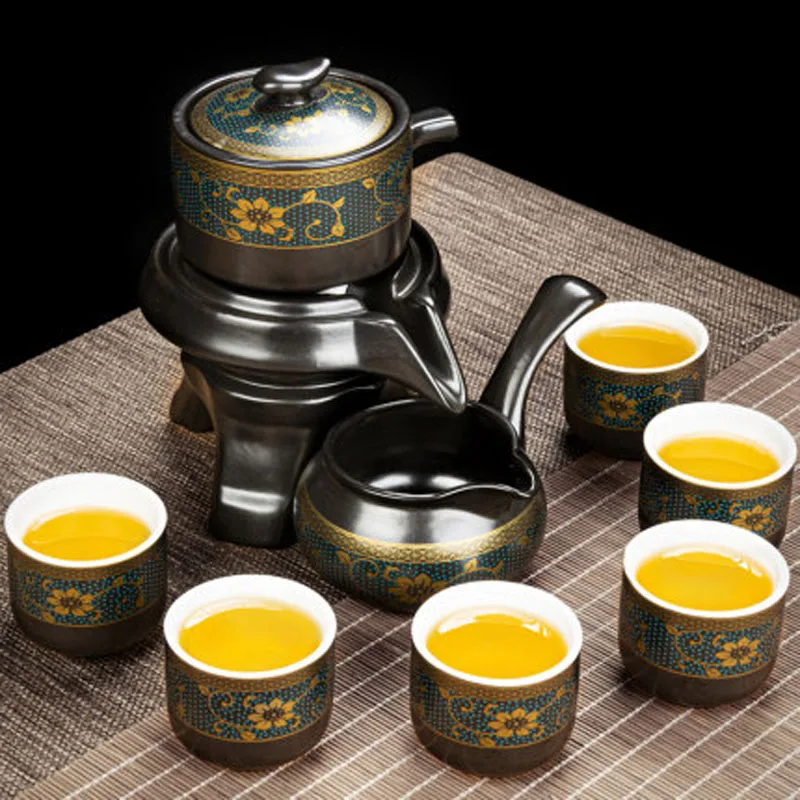 

Chinese Ceramic Kungfu Tea Set,Semi-Automatic Stone Mill Teapot with Strainer,Wisteria Gilding Tea Ceremony Supplies Cup Wash