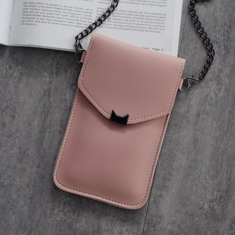 

2021 Cat Ear Transparent Touch Screen Retro Simple Mobile Phone Bag Women Chain Messenger Bags Small Flap Bag Mini Shoulder Bag