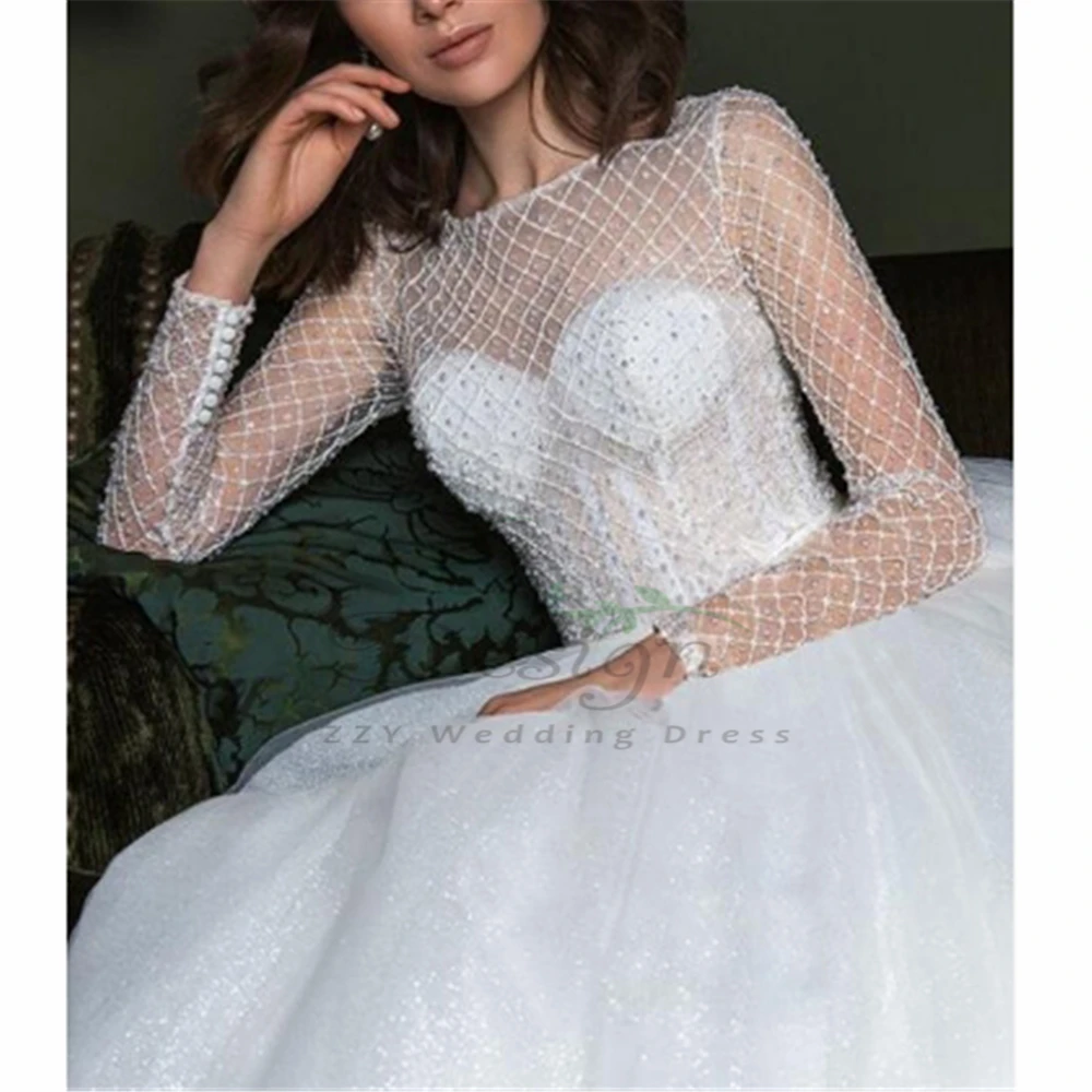 

Dreamy gown Ivory Full Sleeves Illusion Beading Organza A-line Bridal Dresses 2019 Beading Court Train Luxury Wedding Dresses