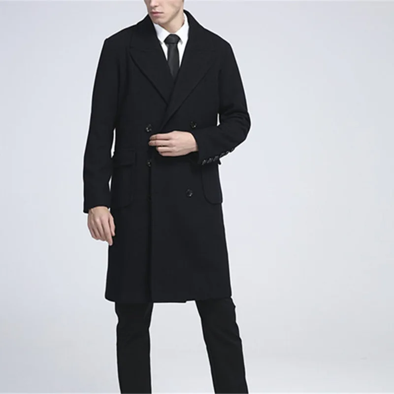 

Men Slim Double Breasted Wool Overcoat Autumn Business Long Sleeve Coat Fashion Office Lapel Black Formal Outerwear Oversize 4XL