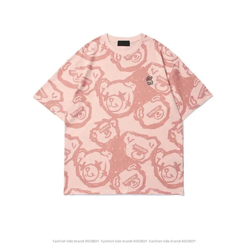 

Summer Bear Print Short-sleeved Oversized T-shirt For Men And Women Street Loose Wild Round Neck Half Sleeve T Shirt Men Cotton